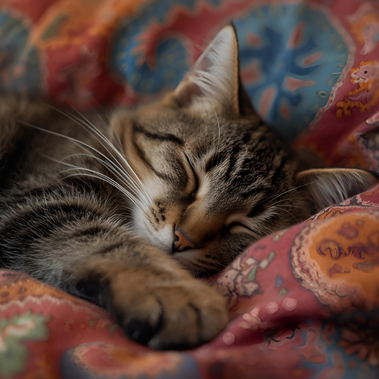 Cat sleeping on a patterned fabric