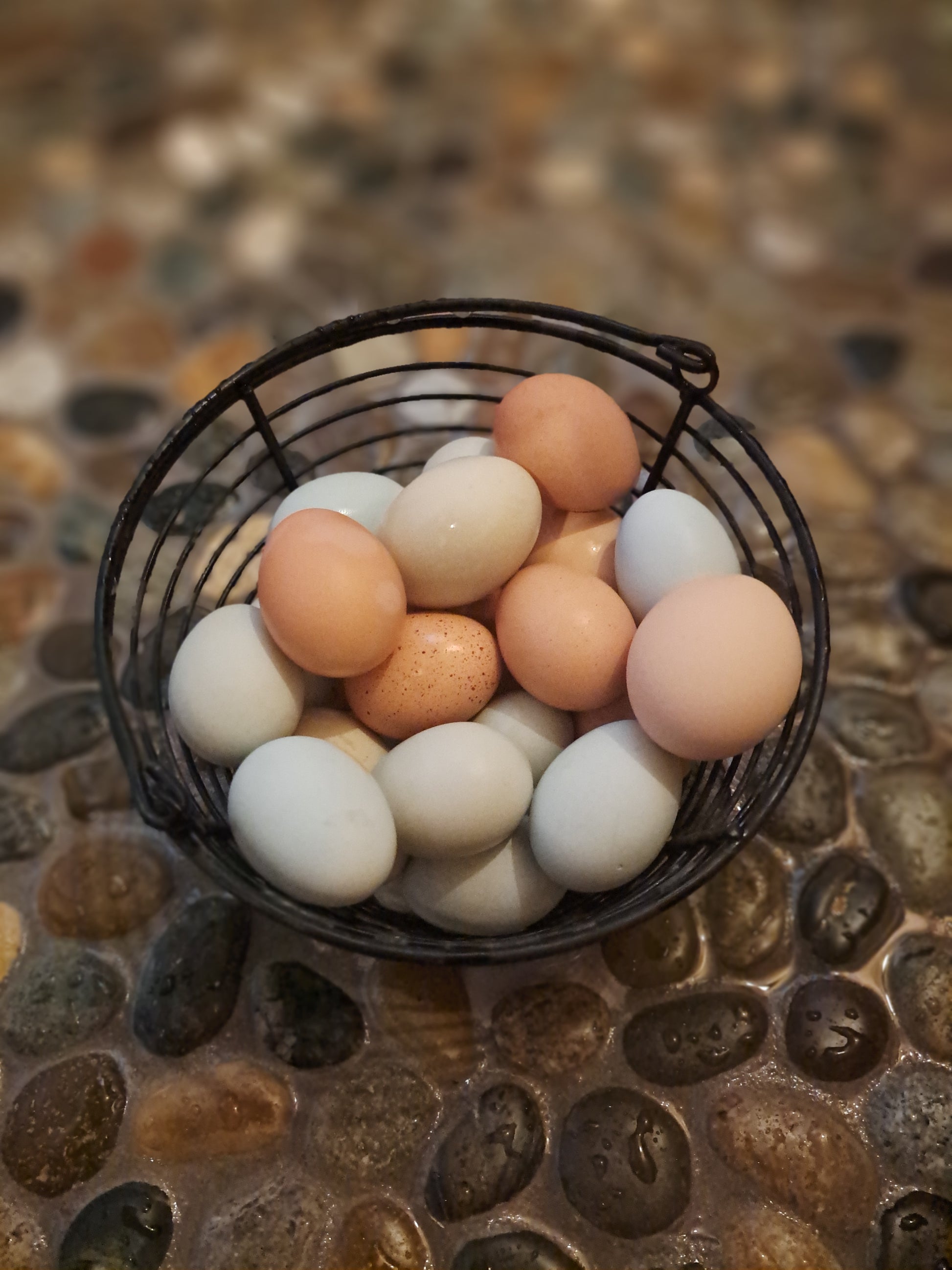 Basket of eggs on a textured stone surface
