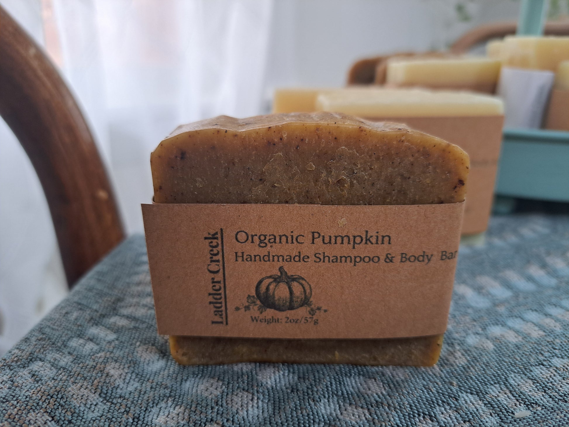 Organic pumpkin shampoo and body bar with a brown label on a textured surface.